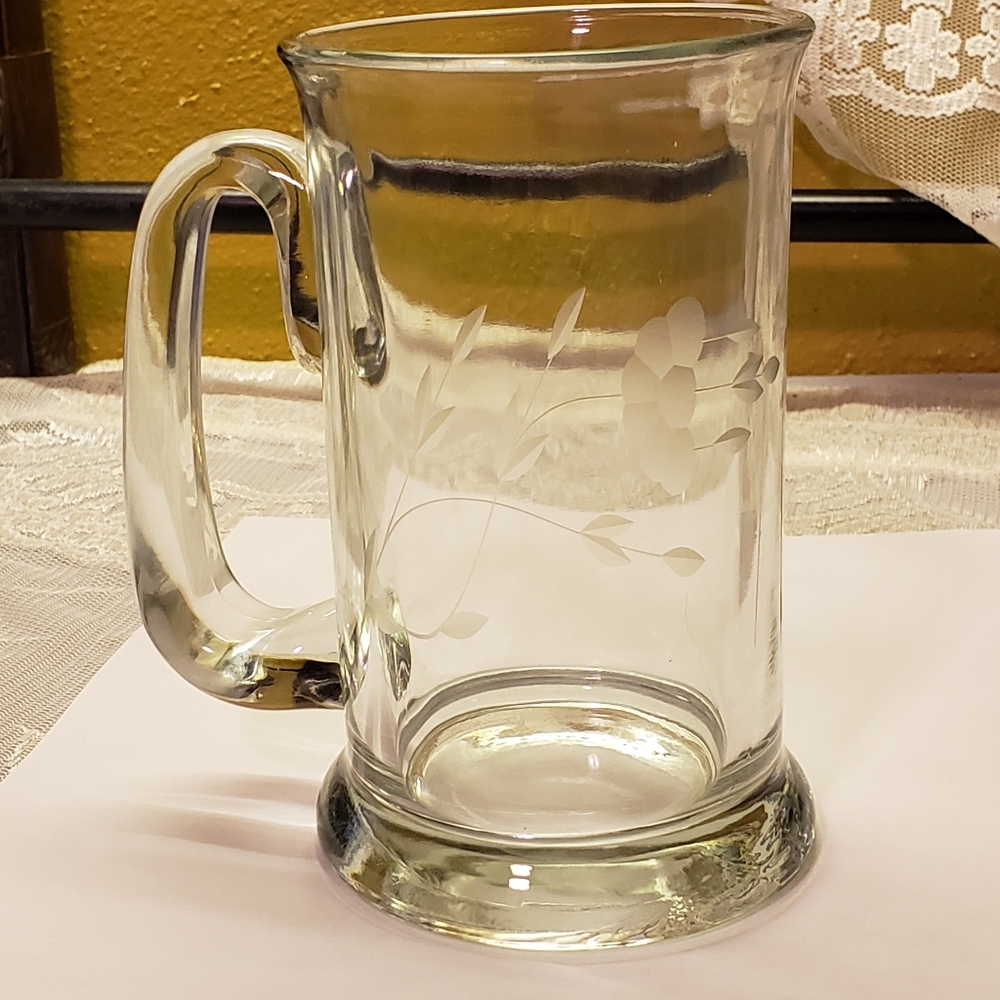 Vtg 70's Heavy Crystal Etched Flower Tankard Mug
